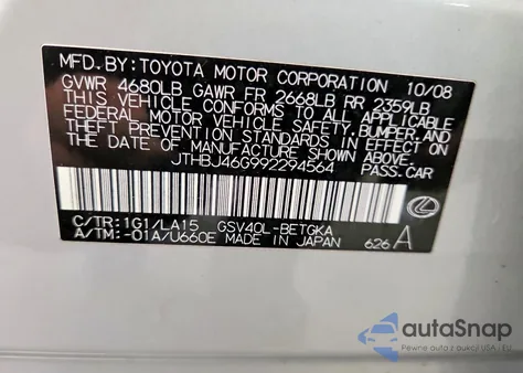 2009 Lexus Es 350 z USA, uszkodzony, nr VIN JTHBJ46G992294564